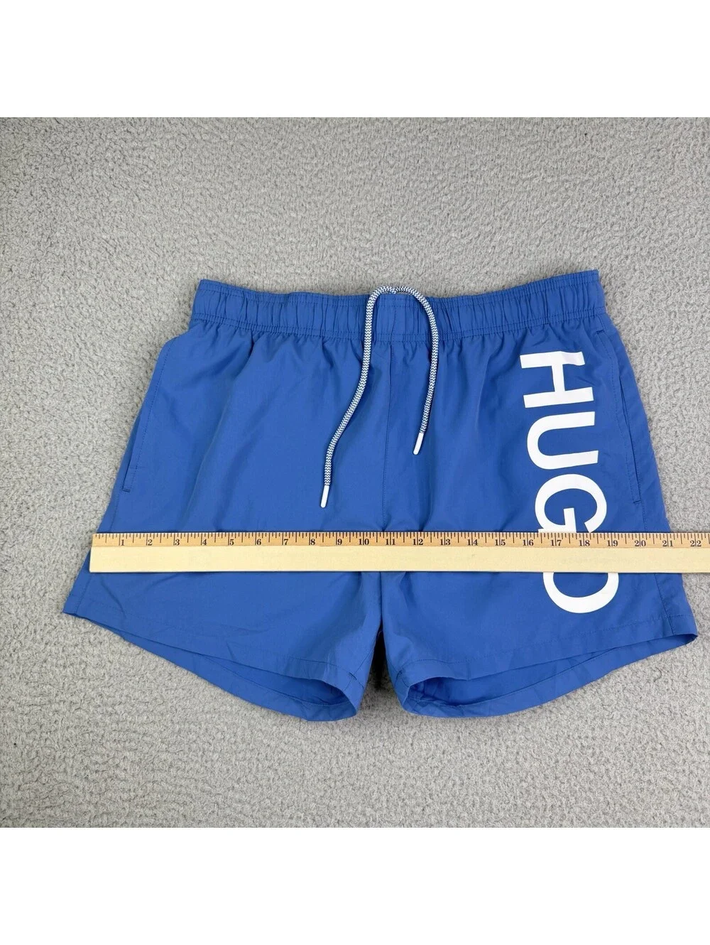HUGO Men's Swim Trunks Blue White Logo Elastic Waist Mesh Lined Size L